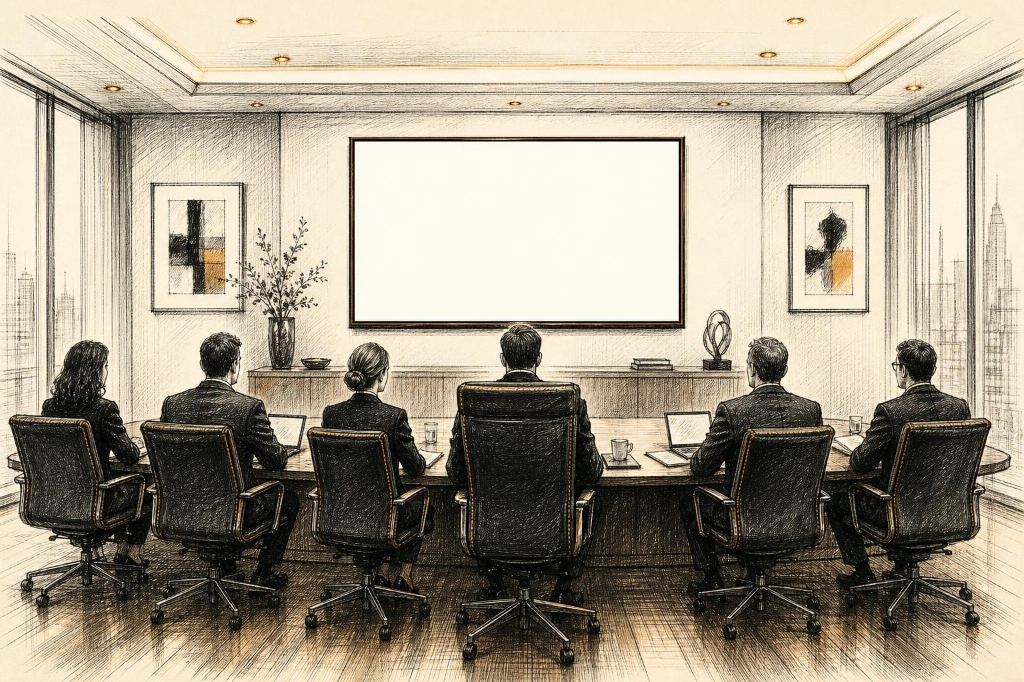 Boardroom with six executives facing a large screen